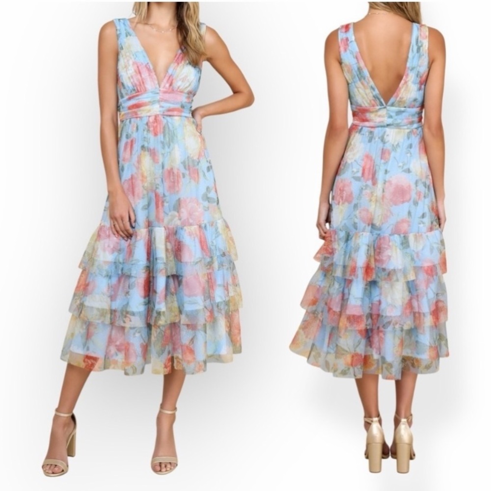 Lulu's Pastel Blue Floral Tiered V-Neck Midi Dress